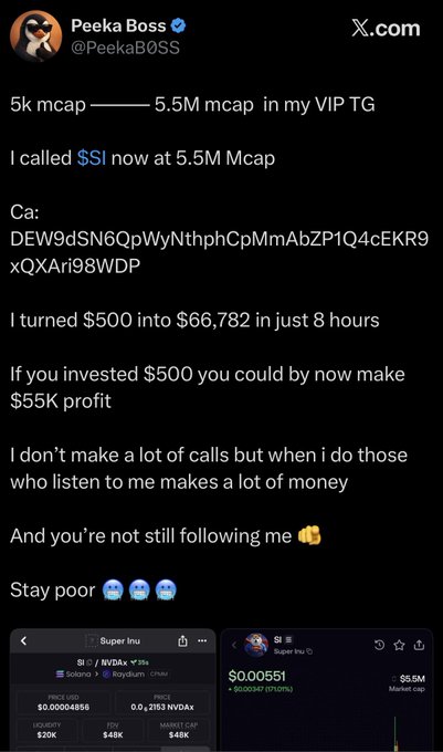 A tweet from 'Peeka Boss' (@PeekaBO5S) promoting a VIP trading group, claiming they called $SI at 5.5M market cap and turned $500 into $66,782 in 8 hours, featuring screenshots of $SI token details.