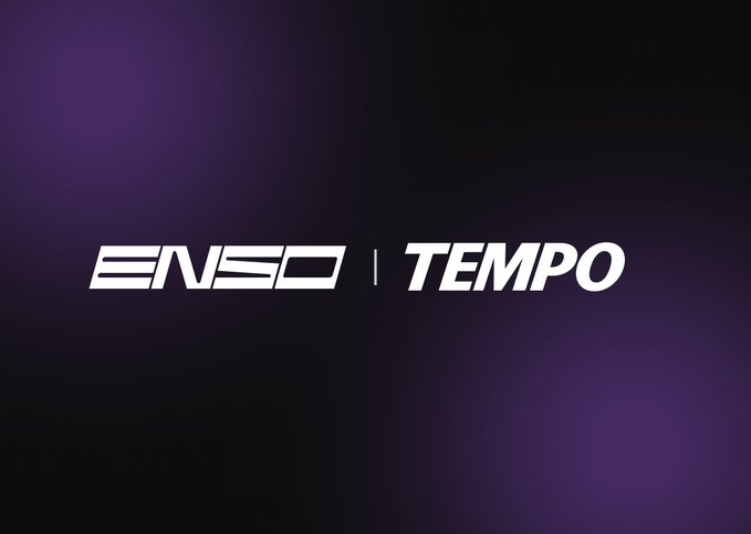 The image features a sleek graphic with the text "ENSO | TEMPO" in bold white lettering against a dark purple gradient background, visually announcing the integration of Tempo with the Enso platform as described in the accompanying post.