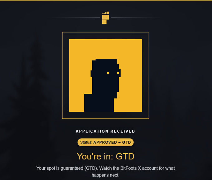 A graphic showing an application status of 'APPROVED – GTD' with text 'You're in: GTD' and a note that the spot is guaranteed, advising to watch the BitFoots X account.