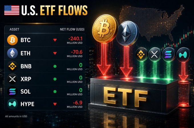 Infographic titled 'U.S. ETF FLOWS' showing net flow data for crypto assets: BTC -240.1M USD, ETH -70.6M USD, BNB 0M, XRP 0M, SOL 0M, HYPE -6.9M USD, with all amounts in USD.