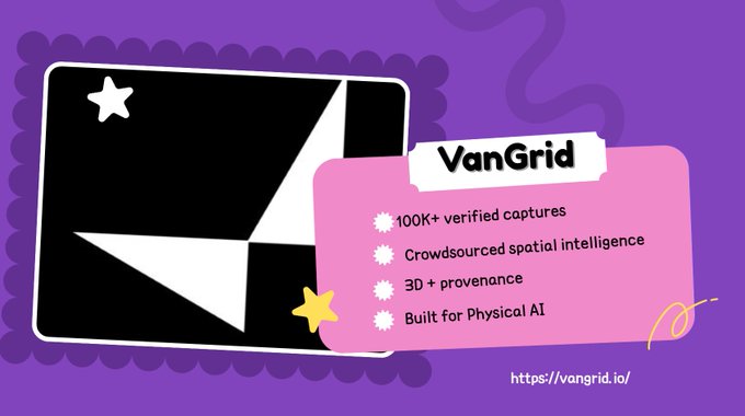 A promotional graphic for VanGrid (vangrid.io) featuring a stylized black-and-white image of a chair, set against a purple background with a pink info card highlighting "100K+ verified captures, Crowdsourced spatial intelligence, 3D + provenance, Built for Physical AI." The design visually reinforces the post's description of VanGrid as a decentralized spatial intelligence network that transforms smartphones into a distributed sensor layer.