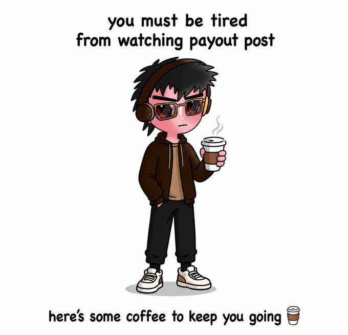 A chibi-style cartoon illustration of a character with glasses, headphones, and a brown hoodie holding a coffee cup, with the text 'you must be tired from watching payout post' and 'here's some coffee to keep you going'.