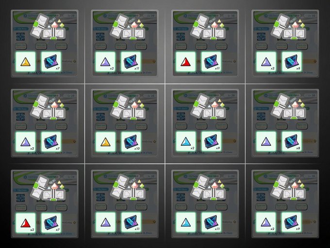 A grid of twelve game interface screenshots showing inventory items with colored triangular icons and numbers, likely from a mobile or PC game.