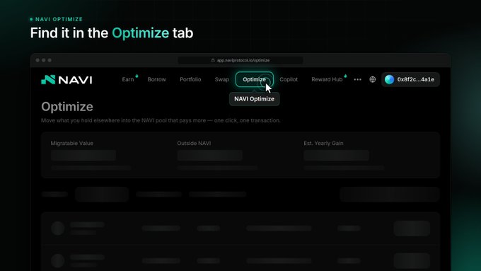 A NAVI Optimize interface screenshot with the tagline 'Find it in the Optimize tab', showing navigation menu options including Earn, Borrow, Portfolio, Swap, Optimize, Copilot, and Reward Hub.
