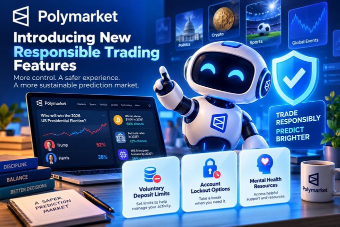 A Polymarket advertisement featuring a white robot mascot promoting 'New Responsible Trading Features' with categories like 'Voluntary Deposit Limits' and 'Account Lockout Options'.