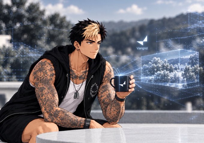An anime-style illustration of a tattooed young man with two-toned hair holding a mug with the 'Vangrid' logo, while a glowing blue wireframe holographic display appears beside him.