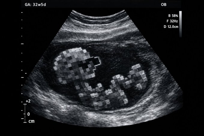 A black-and-white obstetric ultrasound image shows a fetus at 32 weeks and 5 days gestation (GA: 32w5d), with technical details displayed on the right including B 58%, F 32Hz, and D 12.0cm.