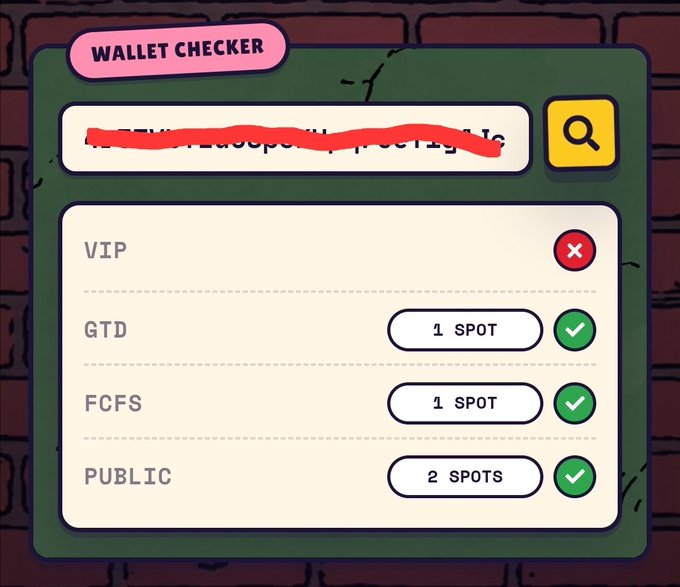 The image shows a "WALLET CHECKER" tool displaying eligibility for a mint, with VIP marked with a red X, and GTD, FCFS, and PUBLIC tiers showing 1 spot, 1 spot, and 2 spots respectively with green checkmarks. The post appears to be hyping a Solana NFT mint (DUMPSTR by CyberKongz) and the wallet checker image demonstrates the user's successful allocation across multiple mint phases.