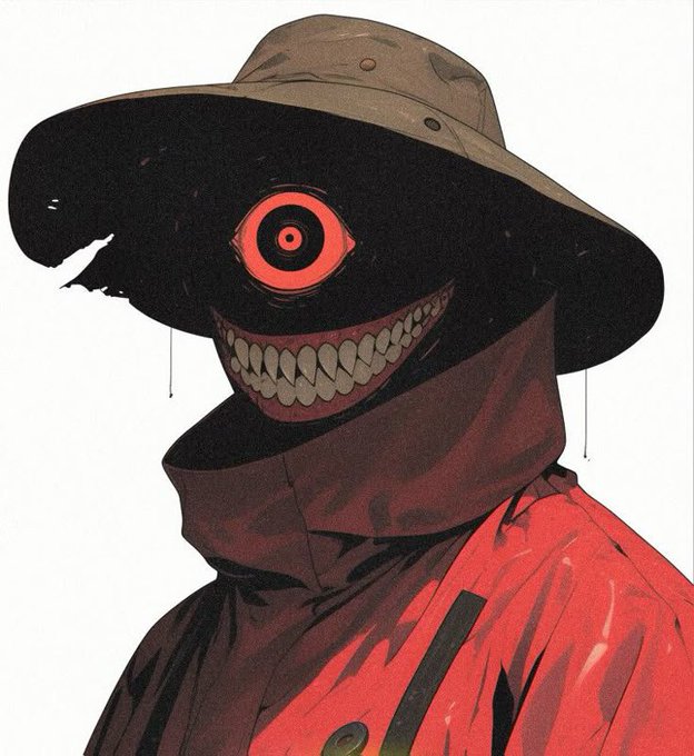A sinister figure in a wide-brimmed hat with a single glowing red eye and a menacing toothy grin wears a dark coat splattered with blood-red stains, embodying the lurking, ominous presence of a forgotten NFT waiting to be rediscovered in algorithmic obscurity.
