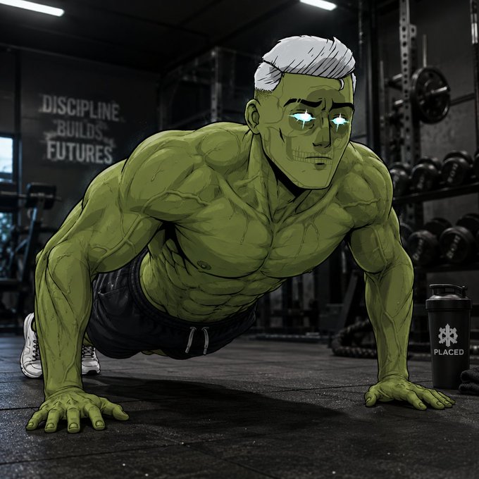 An anime-style illustration depicts a muscular green-skinned man with white hair doing push-ups in a gym, with a 'DISCIPLINE BUILDS FUTURES' poster on the wall and a 'PLACED' branded shaker bottle beside him.