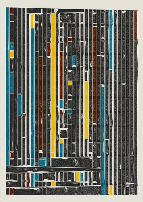 A geometric abstract artwork featuring vertical stripes and rectangular shapes in colors of yellow, blue, brown, and black, separated by white lines against a textured background.
