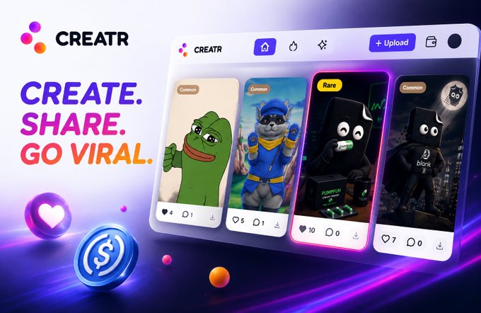 A promotional graphic for 'CREATR' platform featuring the tagline 'CREATE. SHARE. GO VIRAL.' alongside NFT collectible cards with rarity tags like 'Common' and 'Rare'.