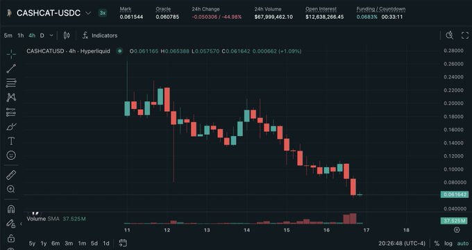 A cryptocurrency trading chart for CASHCAT-USDC showing a price of $0.061544, down 44.98% in 24 hours, with a clear downward trend on the 4-hour Hyperliquid chart.