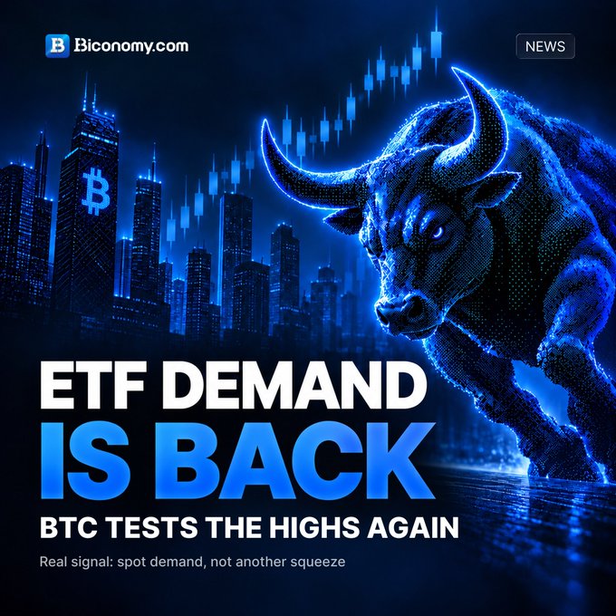 A news graphic from Biconomy.com featuring a glowing blue bull and cityscape with the headline 'ETF DEMAND IS BACK' and subtitle 'BTC TESTS THE HIGHS AGAIN.'