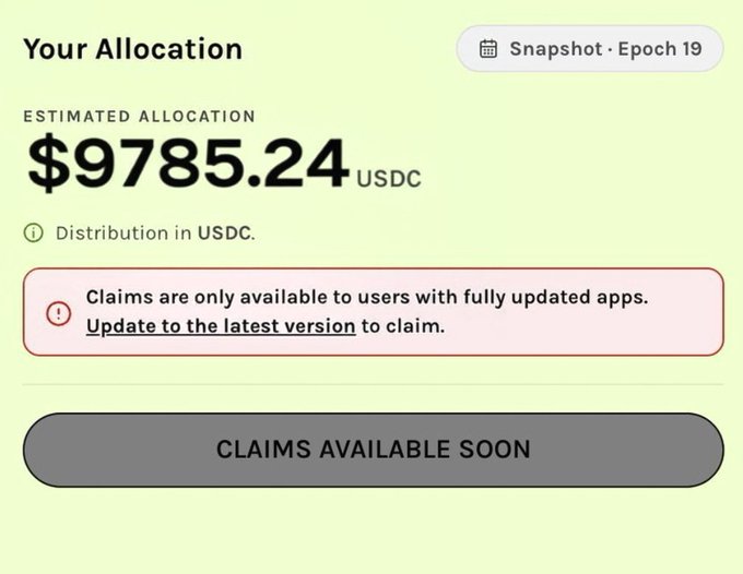 A "Your Allocation" dashboard from the GRASS app displays an estimated allocation of **$9785.24 USDC** for Snapshot Epoch 19, with a warning that claims require updating to the latest app version and a grayed-out "CLAIMS AVAILABLE SOON" button, illustrating the pending airdrop payout referenced in the post.