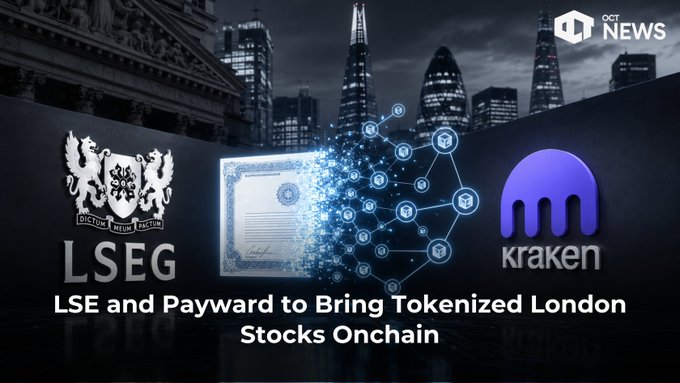 OCT News graphic showing the London Stock Exchange (LSEG) logo and Kraken logo flanking a digital certificate, with the headline 'LSE and Payward to Bring Tokenized London Stocks Onchain'.