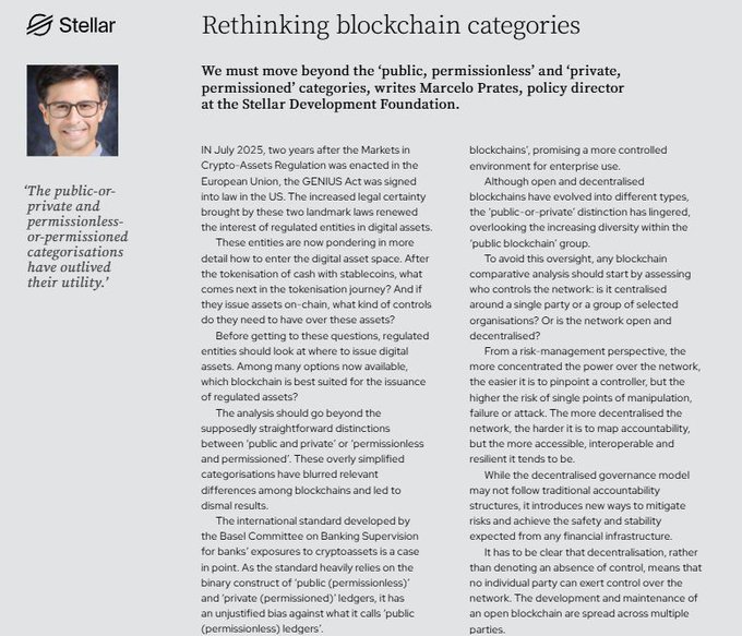 An article from Stellar titled 'Rethinking blockchain categories' by Marcelo Prates, policy director at the Stellar Development Foundation, arguing that the 'public-or-private and permissionless-or-permissioned categorisations have outlived their utility' as regulators consider digital asset issuance.