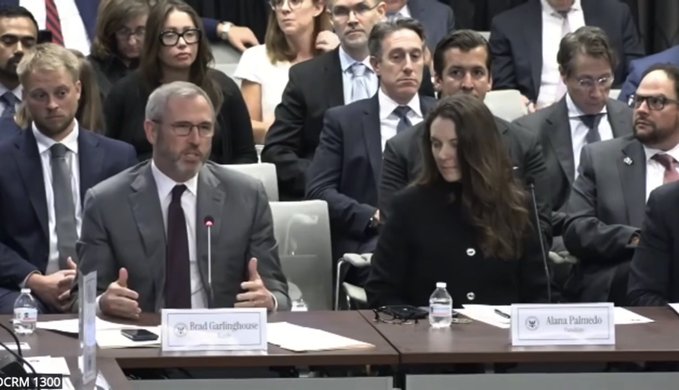 Brad Garlinghouse, CEO of Ripple, speaks at a CFTC cryptocurrency meeting, with his name placard visible on the table alongside fellow panelist "Alana Palmedo," as captured in a USTR/CRM broadcast.