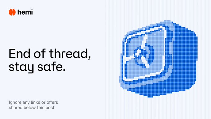 A 'hemi' branded graphic with text 'End of thread, stay safe' and a pixelated blue safe/vault icon, warning to ignore any links or offers shared below the post.