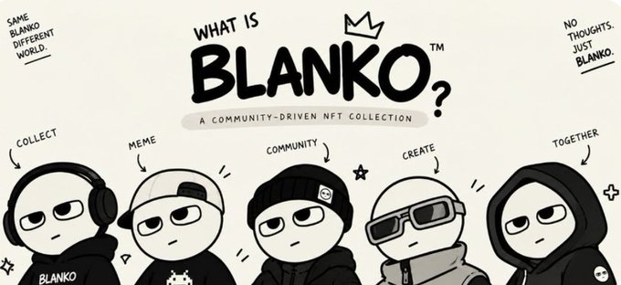 A promotional banner for "BLANKO," a community-driven NFT collection, featuring five cartoon characters labeled with "COLLECT," "MEME," "COMMUNITY," "CREATE," and "TOGETHER."