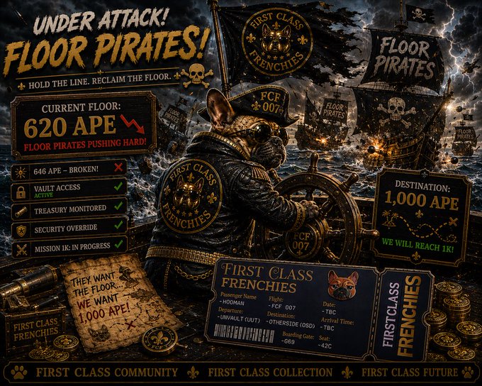A dramatic pirate-themed graphic features a French Bulldog "captain" steering a ship, with prominent text reading "UNDER ATTACK! FLOOR PIRATES!" and "CURRENT FLOOR: 620 APE," alongside a "DESTINATION: 1,000 APE" boarding pass for "First Class Frenchies" (FCF 007), reinforcing the post's message that despite the "attack" on the 620 APE floor, it's still early and the community is actively accumulating toward 1,000 APE.