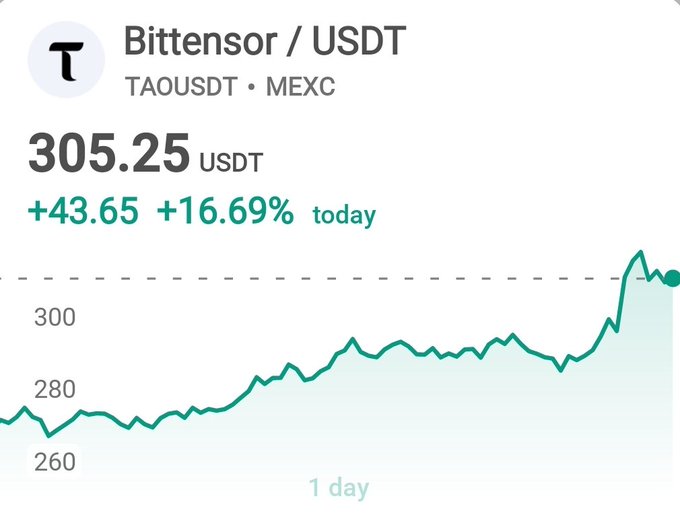 A financial chart shows Bittensor (TAOUSDT) trading on MEXC at 305.25 USDT, up +43.65 (+16.69%) for the day, with the price line trending upward over a 1-day period.