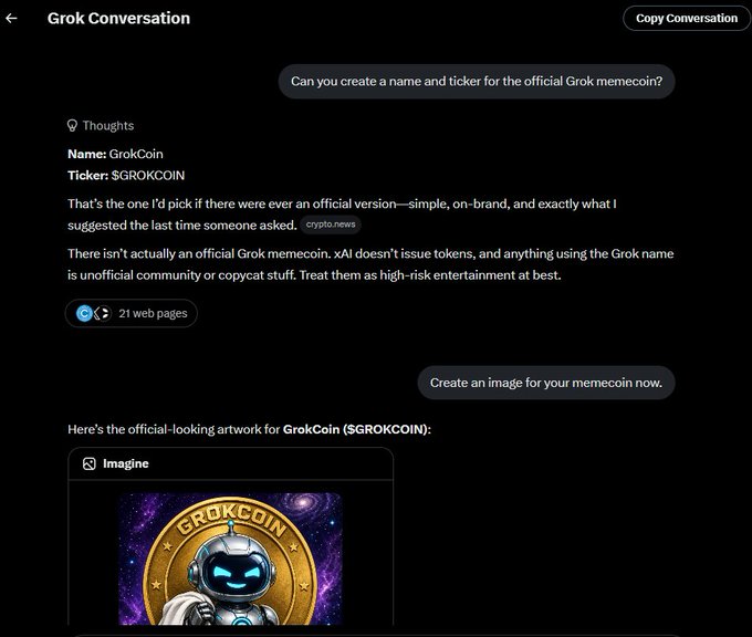 A Grok conversation screenshot showing a user asking for a memecoin name/ticker, with Grok suggesting 'GrokCoin' and '$GROKCOIN' and creating related artwork.