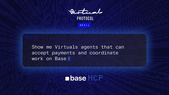 The image shows a screenshot of a computer screen with a message displayed that reads "Show me virtual agents that can accept payments and coordinate work on Base". The background of the image is blue, which contrasts with the white text on the screen. The main focus of the image is the message in white text against the blue background.