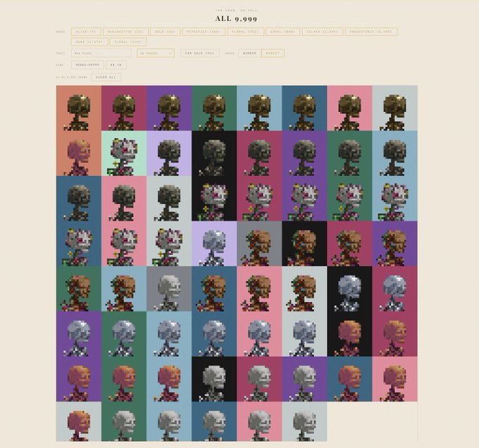 A pixel art NFT collection titled 'ALL 9,999' displaying a grid of small character sprites in various colors against a cream background.