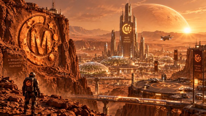 A sci-fi digital artwork of a Mars colony featuring large futuristic domes, skyscrapers with 'M' logos, a figure overlooking the scene, and a tagline 'A BRIGHTER HUMANITY FURTHER'.