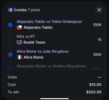 A betting combo with 7 picks showing selections including Alejandro Tabilo vs Tallon Griekspoor and Alice Rame vs Julie Struplova, costing $10.00 with a potential win of $202.05.