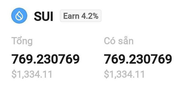 A balance screen showing 769.230769 SUI tokens (valued at $1,334.11) with an 'Earn 4.2%' yield indicator.