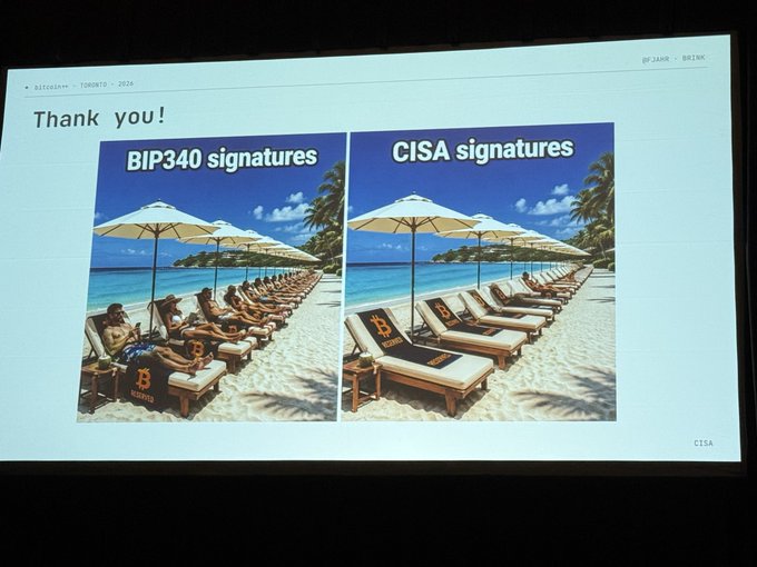 A conference presentation slide titled 'Thank you!' comparing 'BIP340 signatures' vs 'CISA signatures' using beach lounge chair memes with Bitcoin logos on the towels.