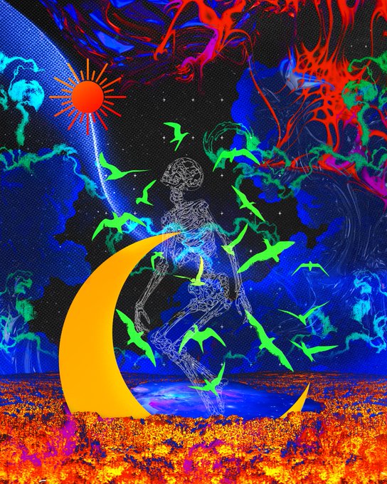 A psychedelic, neon-colored digital artwork featuring a wireframe human figure sitting on a yellow crescent moon, surrounded by green birds, swirling blue patterns, and a bright sun.