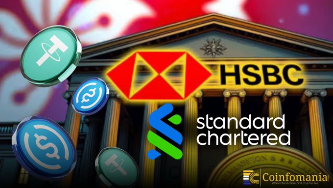 A graphic featuring the HSBC and Standard Chartered bank logos overlaid on a classical bank building, with stylized cryptocurrency/stablecoin coin icons in the foreground, branded by CoinMania.