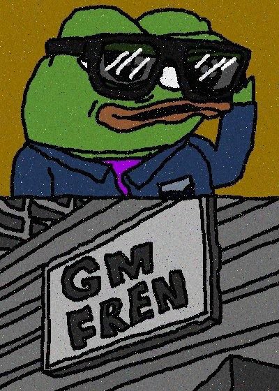 A cartoon drawing of a green frog wearing black sunglasses and a blue suit holding a sign that reads 'GM FREN'.
