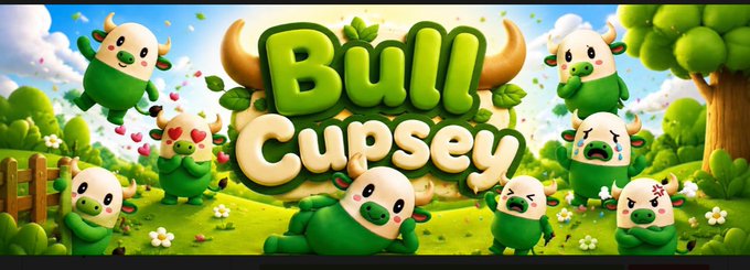 A colorful cartoon illustration featuring playful green bull characters in a vibrant meadow setting, with the title "Bull Cupsey" prominently displayed in large, stylized lettering. The whimsical artwork ties into the post by playfully visualizing the "Bullsey" name through its cute bull mascots, reinforcing the token's branding for $BULLSEY on SOL.