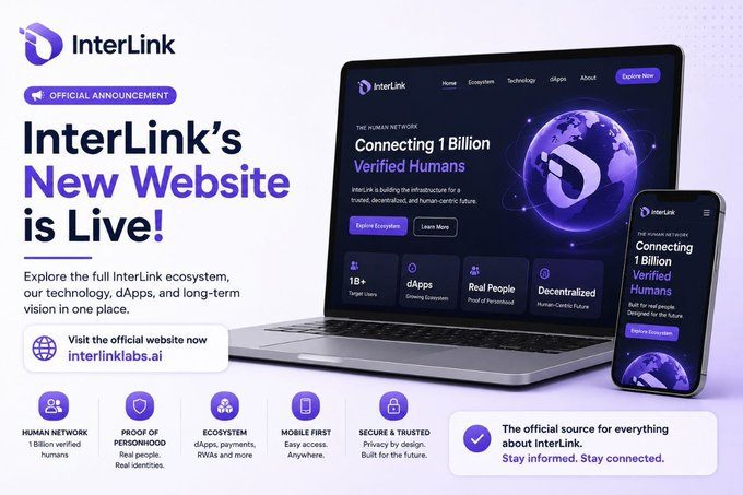 A promotional announcement for 'InterLink's New Website is Live!' featuring the website displayed on a laptop and mobile phone mockups, with details about their human network ecosystem targeting '1 Billion+ verified humans' and links to interlinklabs.ai.