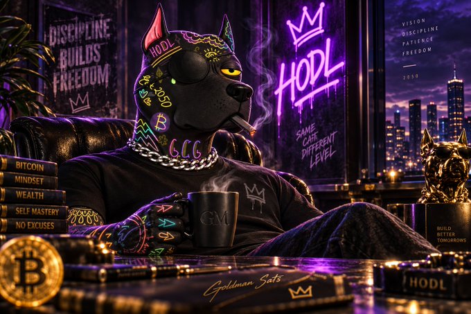 A stylized cyberpunk image of a muscular Doberman wearing 'HODL' branded gear, surrounded by Bitcoin-related items including a mug labeled 'GM', books titled 'BITCOIN MINDSET' and 'WEALTH', and a gold dog statue.