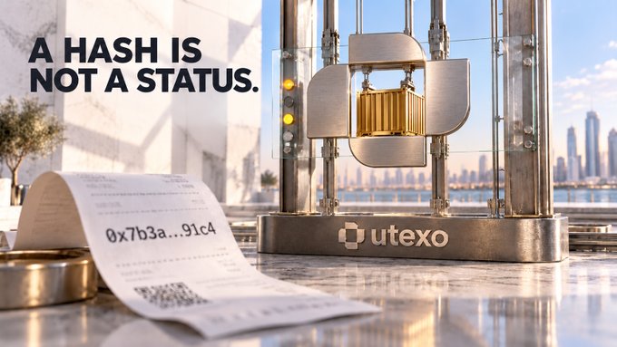 A Utexo advertisement with the tagline 'A HASH IS NOT A STATUS.' showing a metallic device and a receipt with the hash '0x7b3a...91c4'.