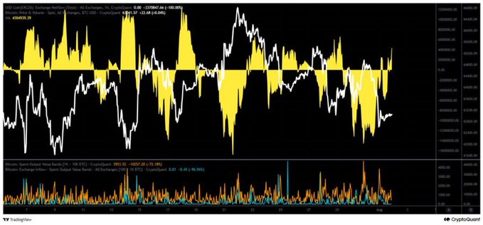 The image is a TradingView candlestick chart of Binance's BTC/USDT perpetual pair, showing an Exchange Netflow Spot vs. Futures indicator at the bottom where orange bars (Spot Output Volume) and blue bars (Exchange Inflow - Spot Output Volume Bands) reveal increased BTC deposits moving onto Binance, suggesting short-term U.S. fund inflows into exchanges that align with the post's claim of capital quietly entering exchange venues.