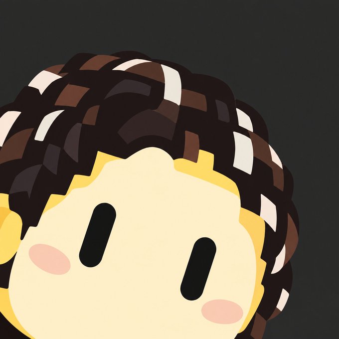 A close-up of a cartoon-style character face with a yellow complexion, pink blushing cheeks, and brown curly hair with white highlights against a dark background.