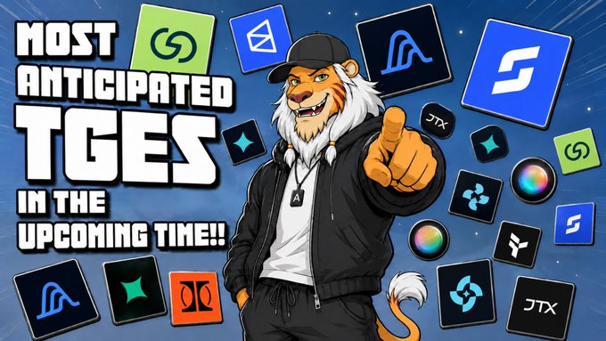 The image displays the text "MOST ANTICIPATED TGEs IN THE UPCOMING TIME!!" alongside various project logos, including "JTX" and a green logo resembling a "G" or "S", reflecting the post's theme of upcoming Token Generation Events (TGEs) in the current market.