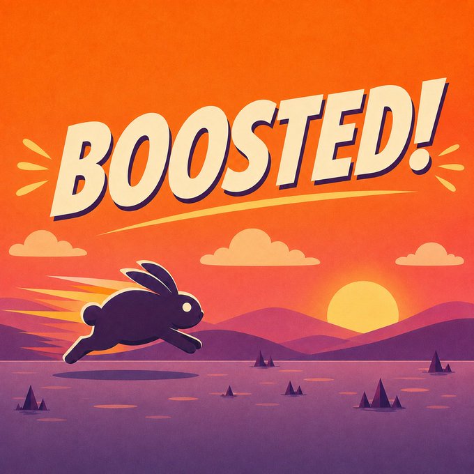 A vibrant orange and purple digital illustration featuring a black silhouette of a rabbit sprinting across a desert landscape with the word 'BOOSTED!' displayed in large, retro-style lettering above.