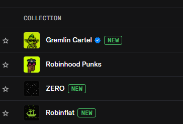 A digital NFT collection list displays entries including 'Gremlin Cartel (NEW)', 'Robinhood Punks', 'ZERO (NEW)', and 'Robinflat (NEW)' with small thumbnail icons and star favorites.
