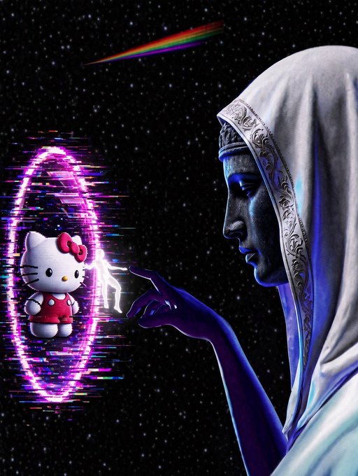 A digital art piece depicting a hooded figure reaching toward a Hello Kitty figure emerging from a glitchy, glowing purple portal in a starry cosmic setting.