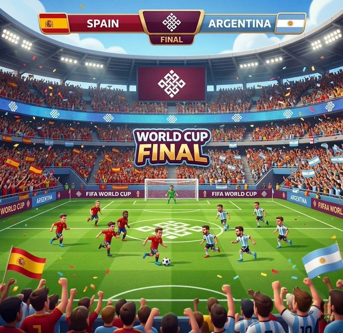 A vibrant World Cup Final stadium scene depicts Spain vs. Argentina, with the scoreboard displaying "SPAIN" and "ARGENTINA" above the "FINAL" banner, while cartoon-styled players compete on the pitch before cheering fans waving Spanish and Argentine flags. The "WORLD CUP FINAL" text and "FIFA WORLD CUP" branding reinforce the post's message of global unity through football, paralleling Ritualnet's vision of decentralizing AI to connect people worldwide.