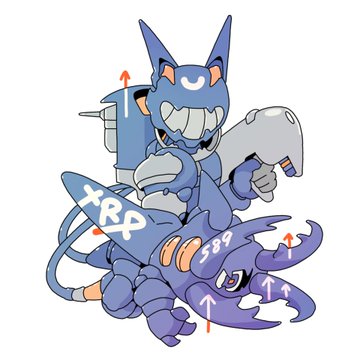 Blue and purple cartoon cat-like creatures with yellow fangs, marked with 'XRP', '389', and arrows, riding what appears to be a rocket or jet.