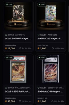 A screenshot showing live auction listings with Pokemon card illustrations, displaying bidding details like 'ISSUER - ARTRACTE 2025 #2025 UR Kayou...' starting at 18,000 and 2,800, with timers counting down.
