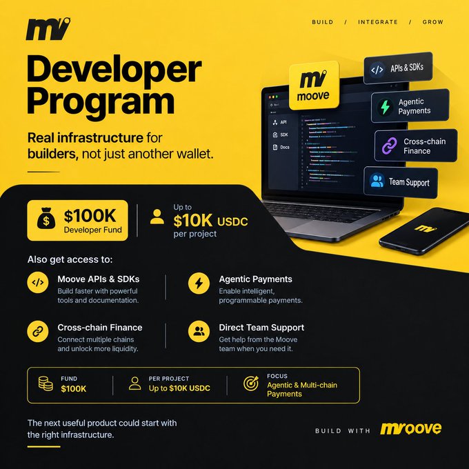 Yellow promotional graphic for the 'Moove' Developer Program offering up to a $100K developer fund and $10K USDC per project, featuring Moove APIs & SDKs, Agentic Payments, Cross-chain Finance, and Direct Team Support.